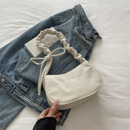 Corduroy Bow Shoulder Bag with Ruched Drawstring Handle