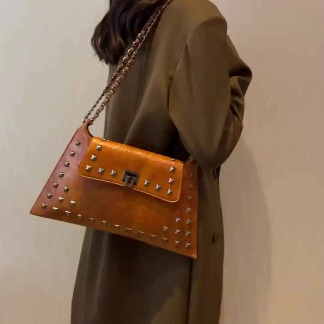 Rivet Chain Shoulder Bag Vintage Studded Leather Purse