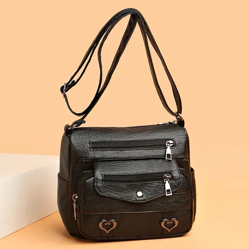 Multi-Pocket Leather Crossbody Bag for Women