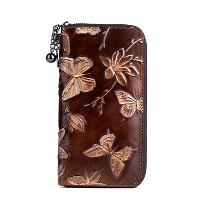 First Layer Cowhine Female Chinese Wind Pressure Flower Wipe Color Long Retro Large Capacity Mobile