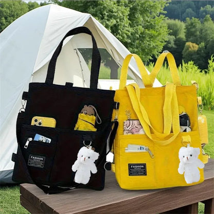 Cute Canvas Tote Bag with Bear Charm – Large Capacity Shoulder Bag