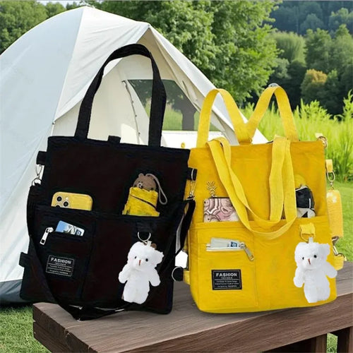 Cute Canvas Tote Bag with Bear Charm – Large Capacity Shoulder Bag