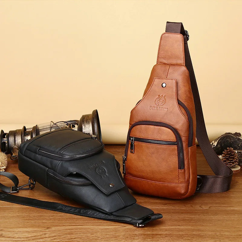 Top-Grain Cowhide Men S Genuine Leather Single-Shoulder Crossbody Chest Bag Retro Usb Front Shoulder