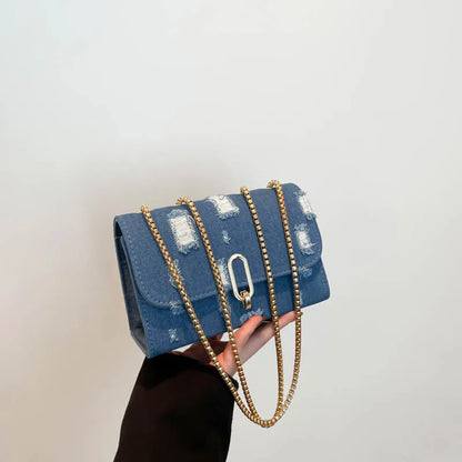 Distressed Denim Crossbody Bag with Gold Chain – Women's Small Square Shoulder Bag