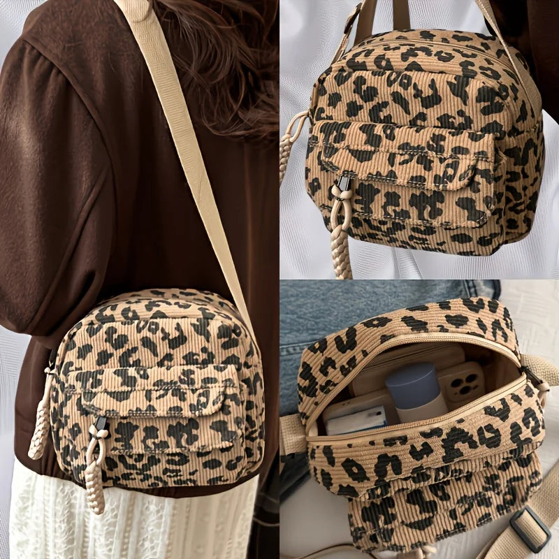 Leopard Print Corduroy Mini Crossbody Bag for Women