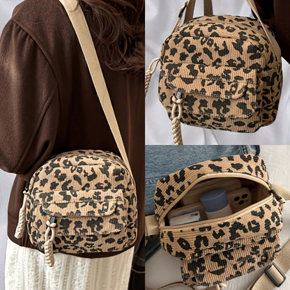Leopard Print Corduroy Mini Crossbody Bag for Women