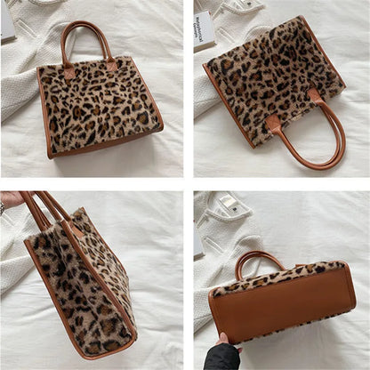 Plush Tote Bag Women's Fuzzy Handbag with Leather Trim