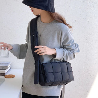 Quilted Puffer Crossbody Bag – Wide Strap Nylon Shoulder Handbag