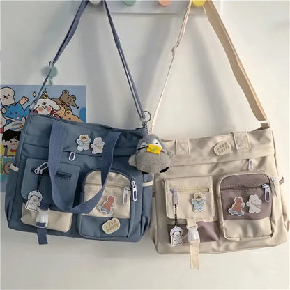 Canvas Crossbody Tote Bag for Women & Teen Girls with Badge Pins