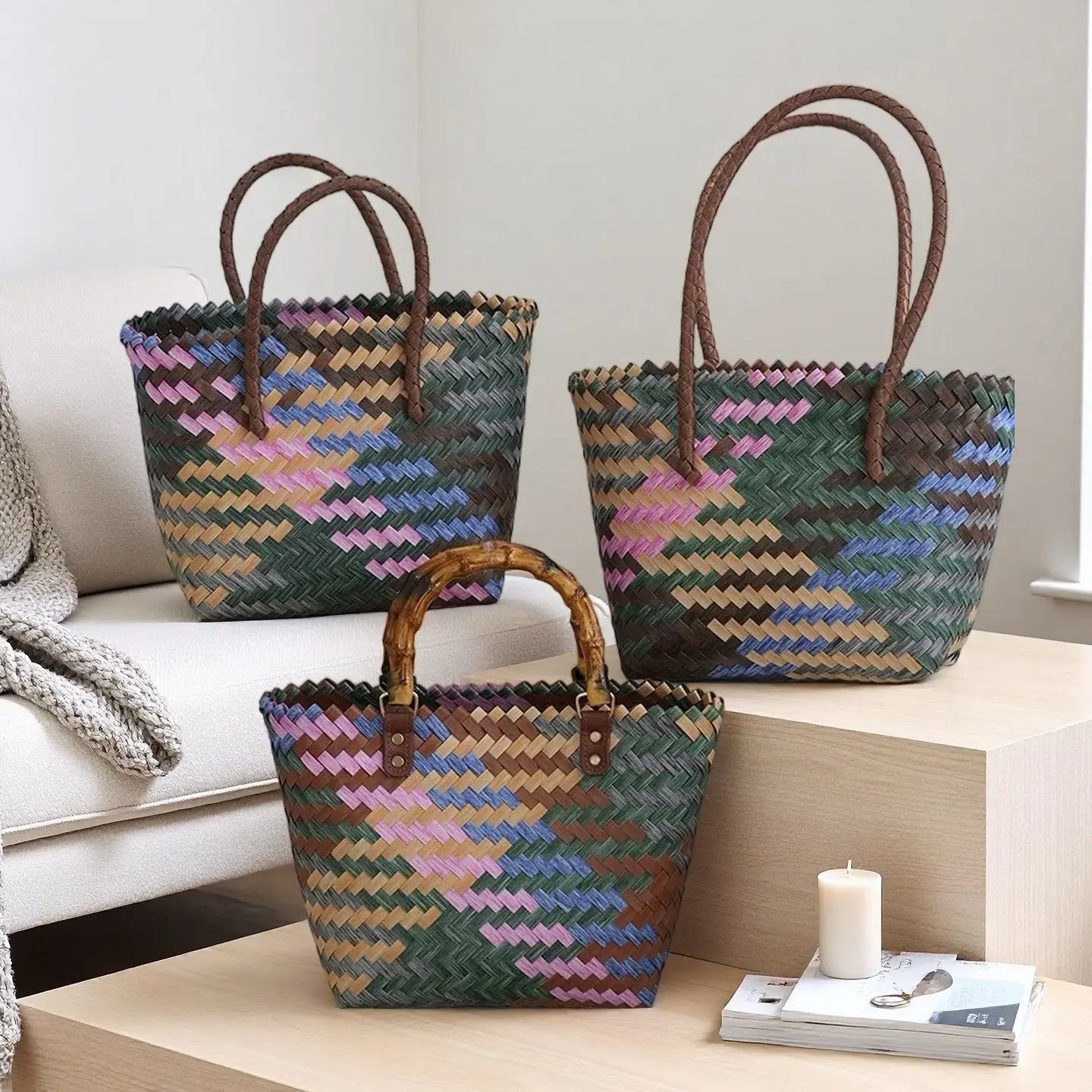 Handwoven Straw Tote Bags Multi Size Natural Woven Basket Bag Handbag Bamboo Handles Women Bohemian