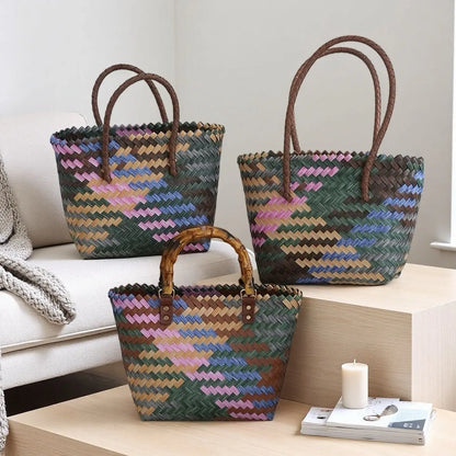 Handwoven Straw Tote Bags Multi Size Natural Woven Basket Bag Handbag Bamboo Handles Women Bohemian