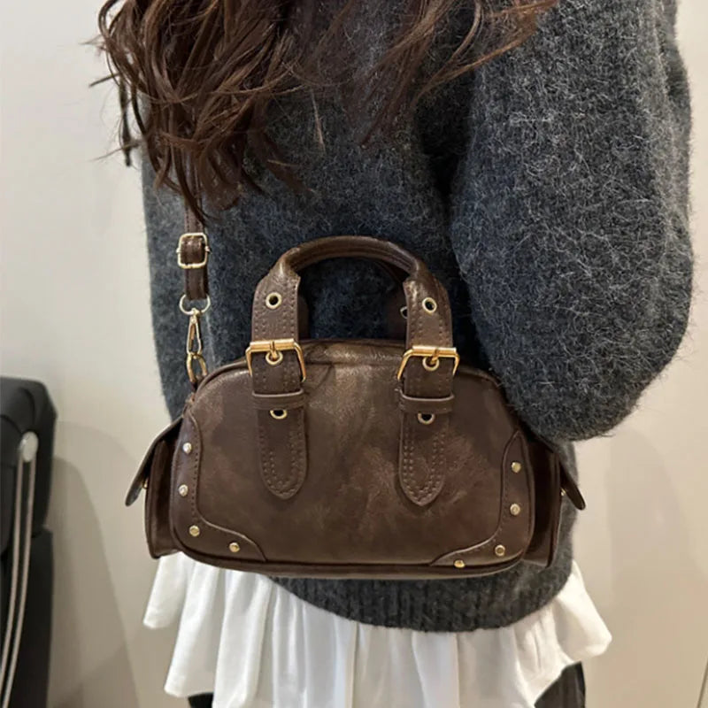 Women S Retro Shoulder Bag Cool Studded Decor Motorcycle Exquisite Versatile Bowling Multiple