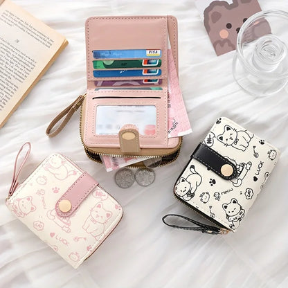 Cute Cat Print Wallet Women Tri-Fold Snap Closure Card Holder Purse