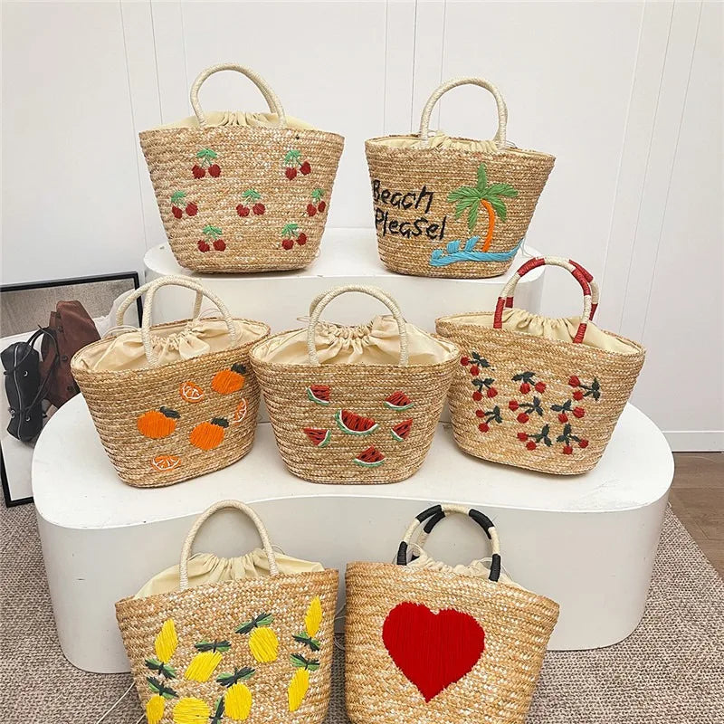 Straw Fruit Embroidery String Casual Sweet Tote Bags Spring