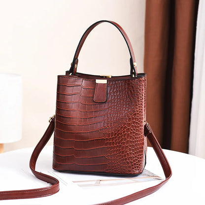 Crocodile Leather Bucket Bag – Large Capacity Shoulder & Crossbody Tote