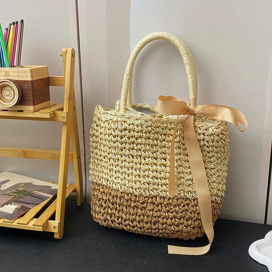 Woven Straw Tote Bag – Women's Summer Beach Handbag with Bow
