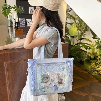 Y2K Ribbon Bow Ita Tote Bag – Large Capacity Transparent Pocket Shoulder Bag