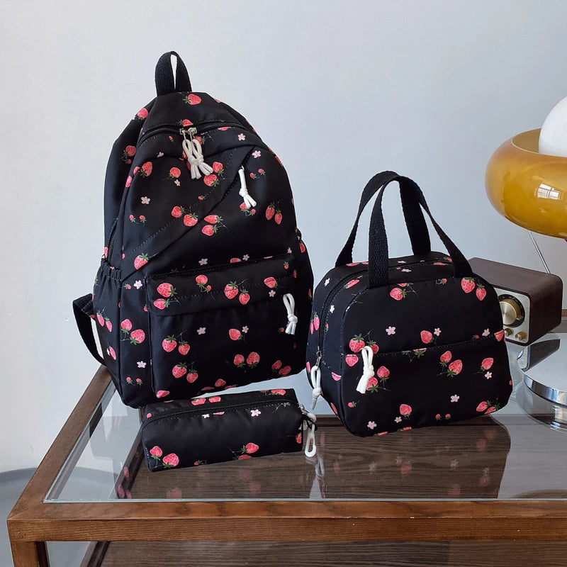 Fashionable Cute Strawberry Backpack Set 3pcs Handbag Pen Pouch Quilted Nylon Women S Dual Zipper