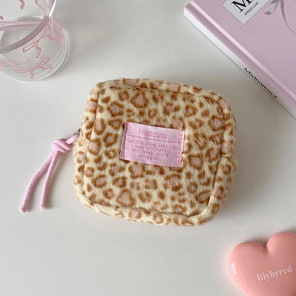 Retro Plush Square Leopard Print Makeup Bag Cute Winter Girl Portable Sanitary Cotton Storage Wallet