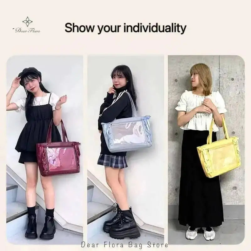 Japanese Sweet Women Ribbon Ita Bag Cute Lolita Girl Transparent Handbags Large Capacity Tote