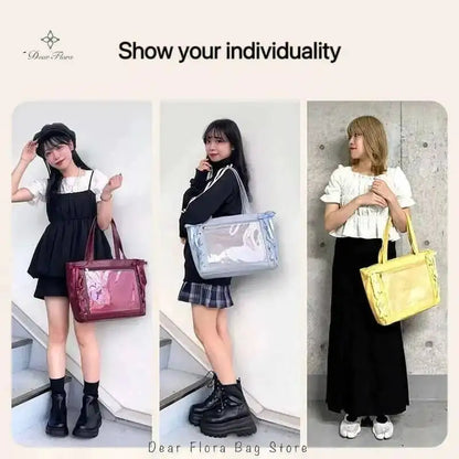 Japanese Sweet Women Ribbon Ita Bag Cute Lolita Girl Transparent Handbags Large Capacity Tote