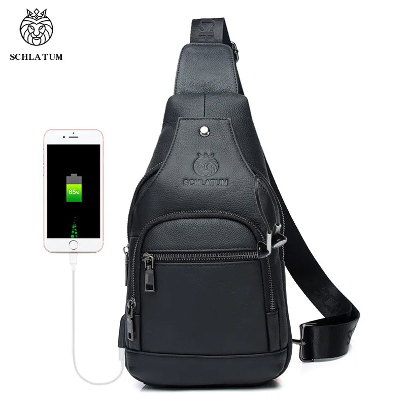 Top-Grain Cowhide Men S Genuine Leather Single-Shoulder Crossbody Chest Bag Retro Usb Front Shoulder
