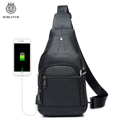 Top-Grain Cowhide Men S Genuine Leather Single-Shoulder Crossbody Chest Bag Retro Usb Front Shoulder
