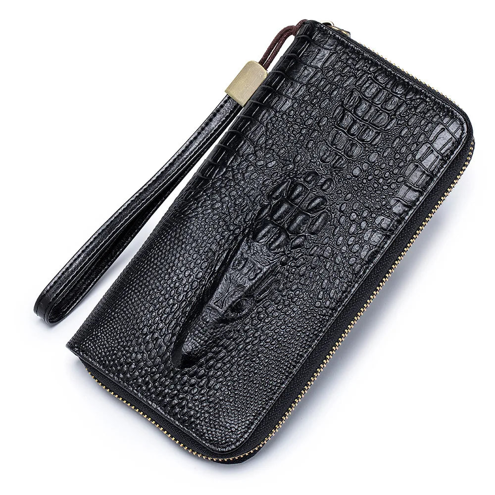 Real Leather Long Alligator Grain Head Layer Cofskin Zipper Purse Large Capacity Multi-Position