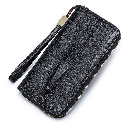 Real Leather Long Alligator Grain Head Layer Cofskin Zipper Purse Large Capacity Multi-Position