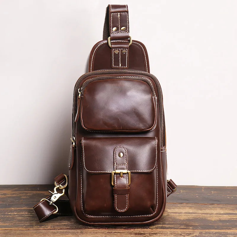 Retro Men S Crazy Horse Leather Chest Bag Outdoor Sports Large-Capacity Crossbody Multi-Functional