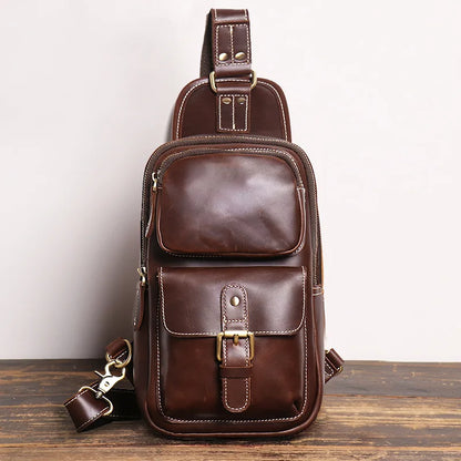 Retro Men S Crazy Horse Leather Chest Bag Outdoor Sports Large-Capacity Crossbody Multi-Functional