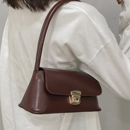 PU Leather Shoulder Bag with Gold-Tone Lock Closure