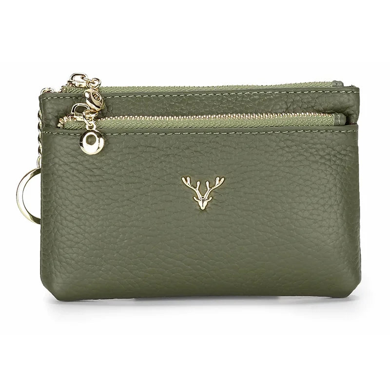 Cowhide Mini Coin Purse Multi-Function Key Bag Stylish Leather Premium Hardware Deer Head Zipper