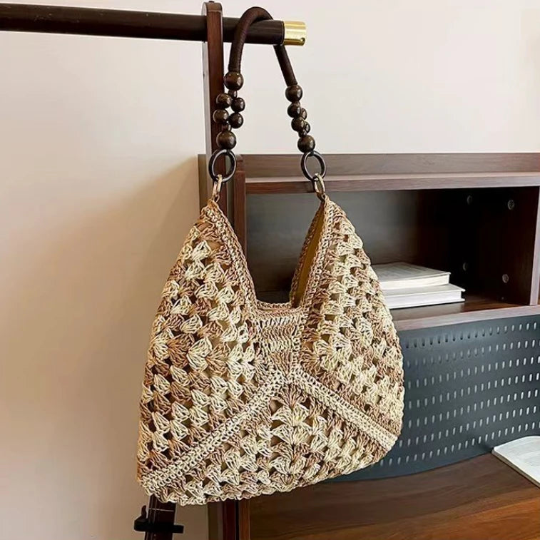 Crochet Woven Tote Bag – Wooden Bead Handle & Large Capacity