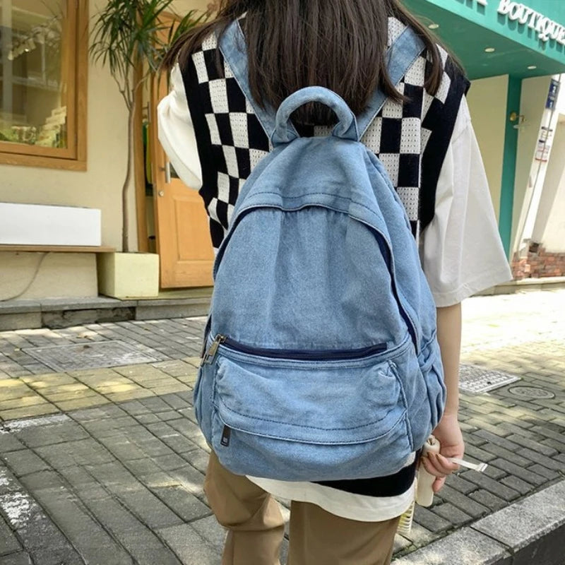 Denim Backpack – Vintage Soft Rucksack with Multiple Zipper Pockets for Girls & Students