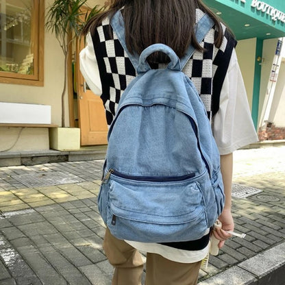 Denim Backpack – Vintage Soft Rucksack with Multiple Zipper Pockets for Girls & Students