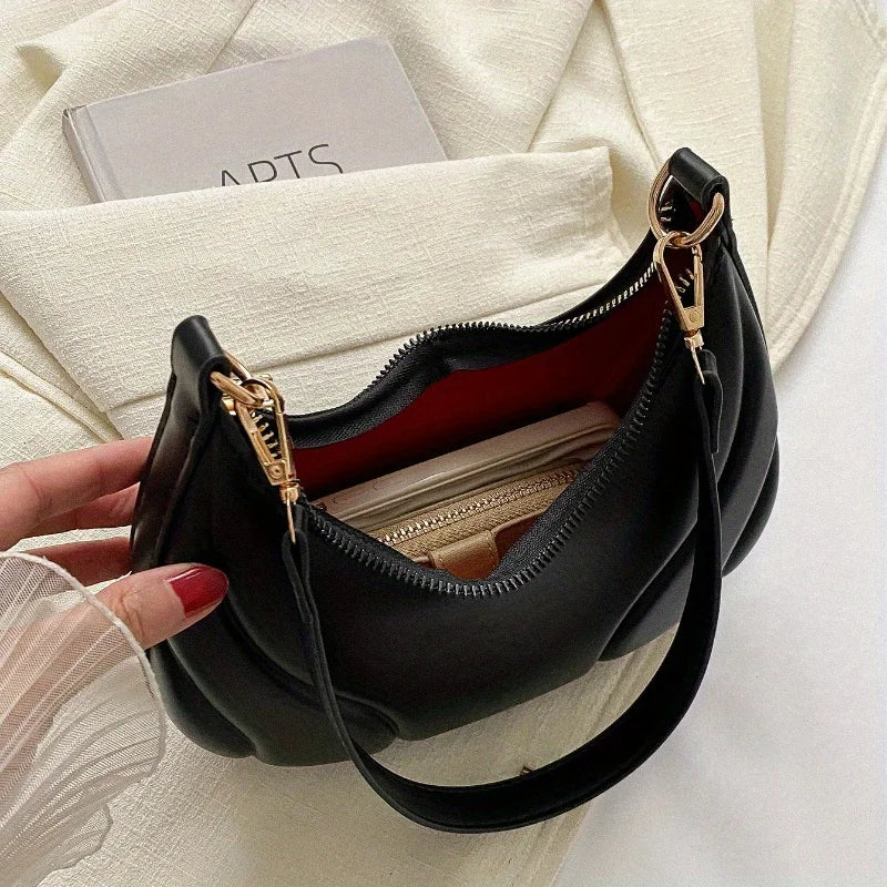 Shoulder Hobo Bag – Chic Crescent Handbag with Gold Hardware