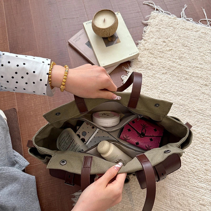Women Canvas Tote Shoulder Bag Large Capacity Vintage Casual Daily Office Handbag Trend Female Hand
