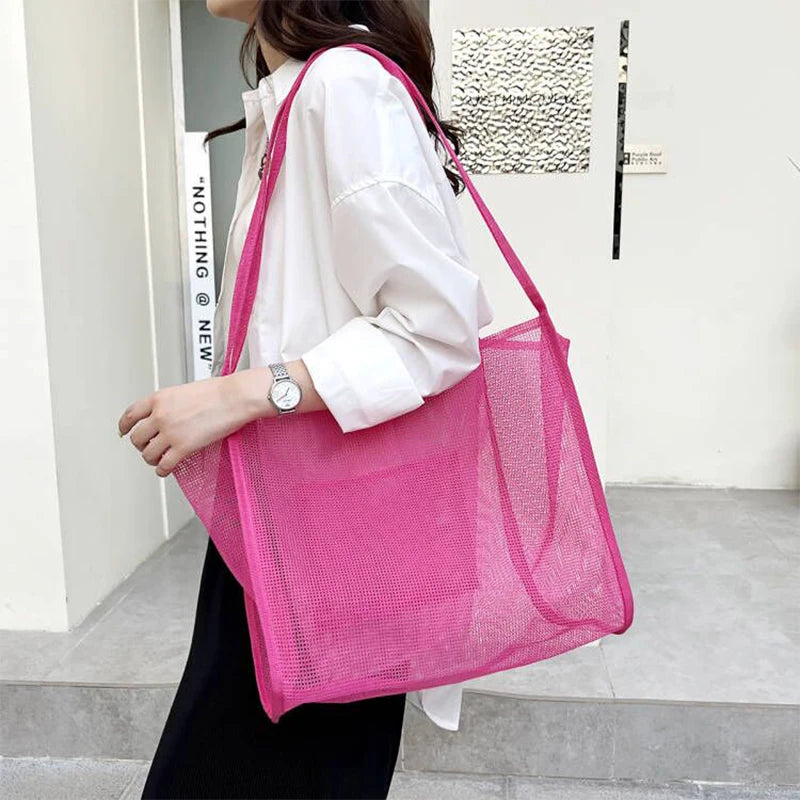 Summer Fashion Mesh Handbag Totes Hollow Out Shoulder Bags For Women Female Casual Fashion Large Capacity Shopping Pack