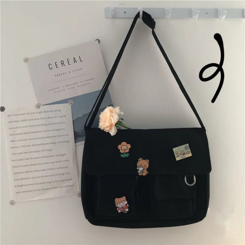 Harajuku Canvas Crossbody Bag with Cute Badge Pins