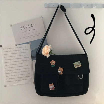Harajuku Canvas Crossbody Bag with Cute Badge Pins
