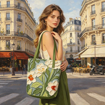Floral Canvas Bucket Tote Bag – 3D Embossed Print Women's Shoulder Bag