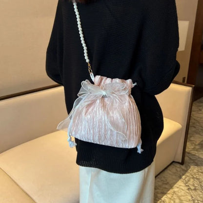 Canvas Crossbody Bag with Bowknot & Faux Pearl Chain