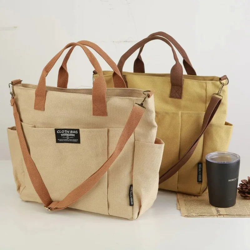 Canvas Multi-Pocket Tote Bag – Large Handbag with Detachable Strap