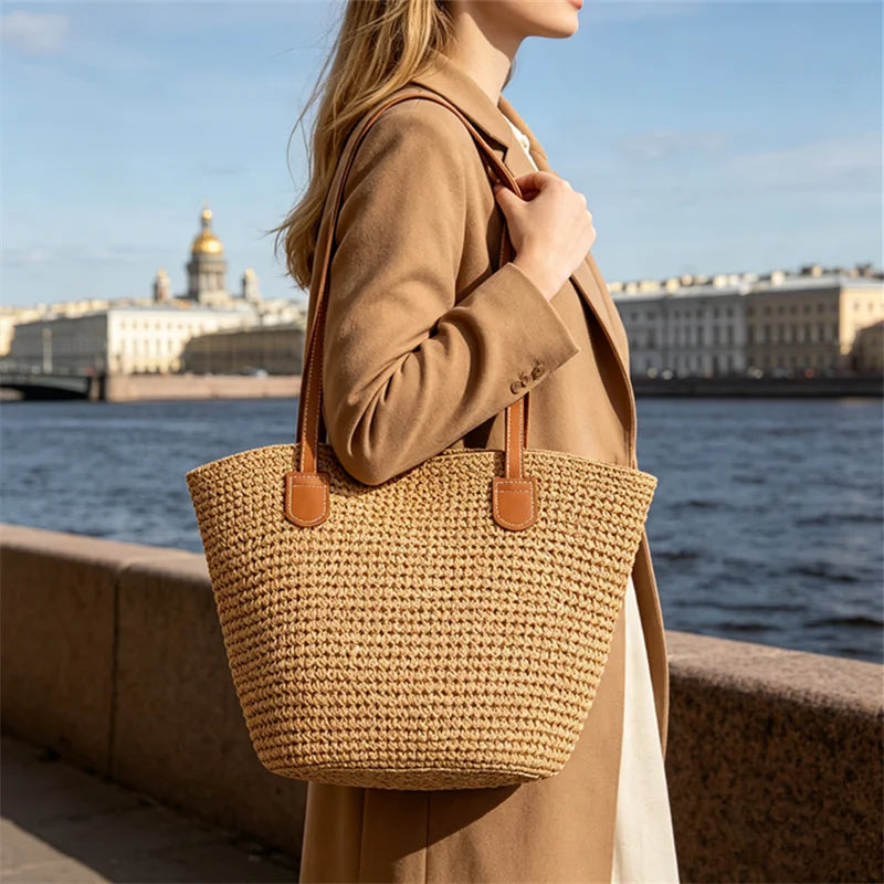 Summer Beach Casual Handbag Shoulder Bag Women Striped Straw Tote Bags Leather Handles