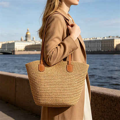 Summer Beach Casual Handbag Shoulder Bag Women Striped Straw Tote Bags Leather Handles
