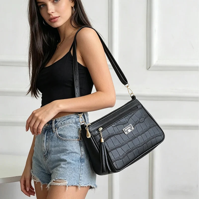 Crocodile Embossed Crossbody Bag – Women's Small Shoulder Purse with Tassel