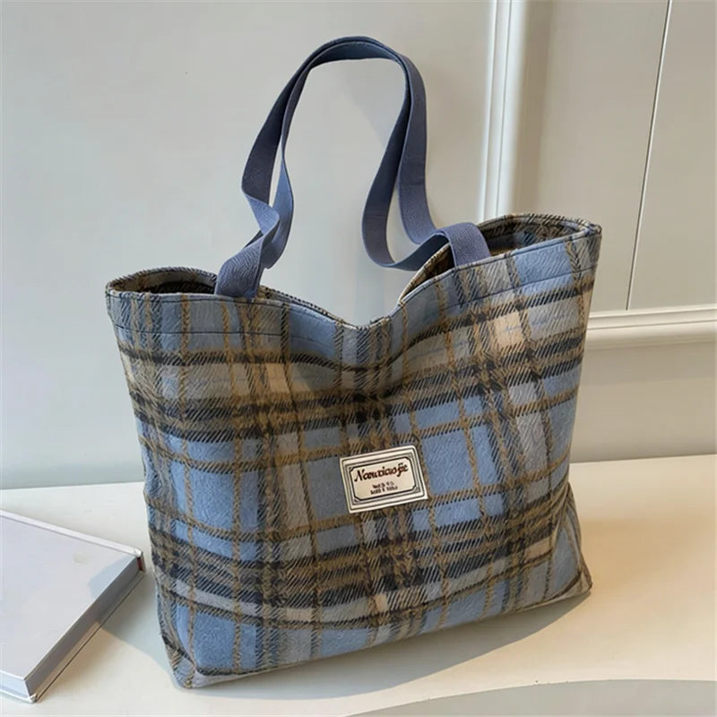 Plaid Wool Tote Bag – Soft Shoulder Handbag with Pendant