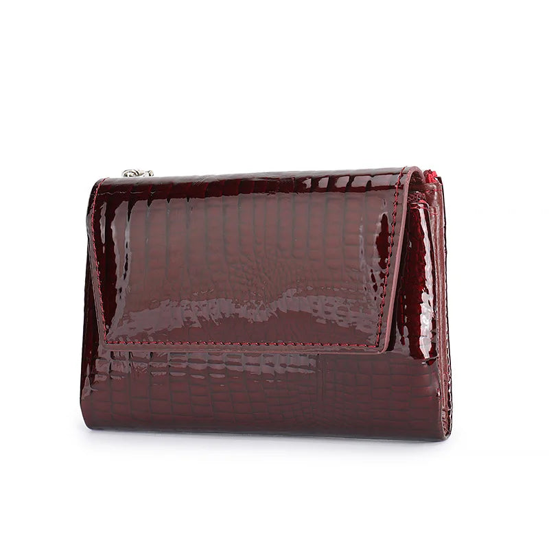 Glossy Genuine Leather Short Wallet Women High-End Lacquered Magnetic Buckle Wallet