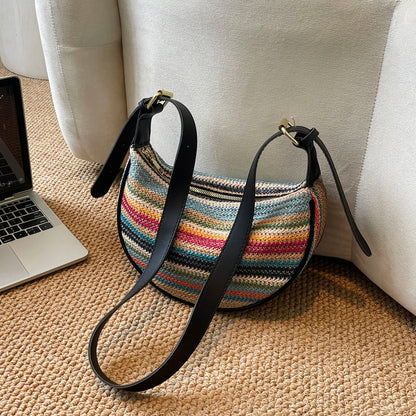 Bohemian Vacation Women Hobo Bag Stripe Woven Crossbody Adjustable Strap Multi Function Shoulder